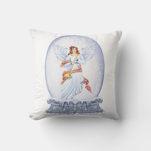 Snow globe with angel illustration throw pillow