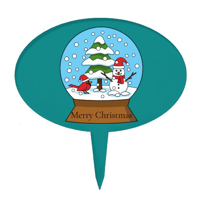 Snow Globe with Cardinal Snowman and Pine Tree Cake Topper (Front)