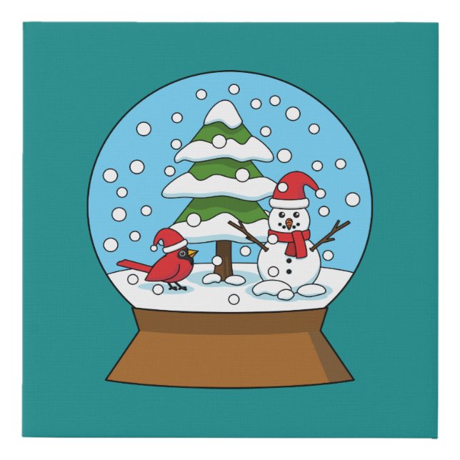 Snow Globe with Cardinal Snowman and Pine Tree Faux Canvas Print (Front)
