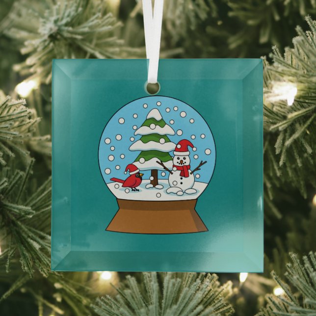 Snow Globe with Cardinal Snowman and Pine Tree Glass Ornament (Insitu)