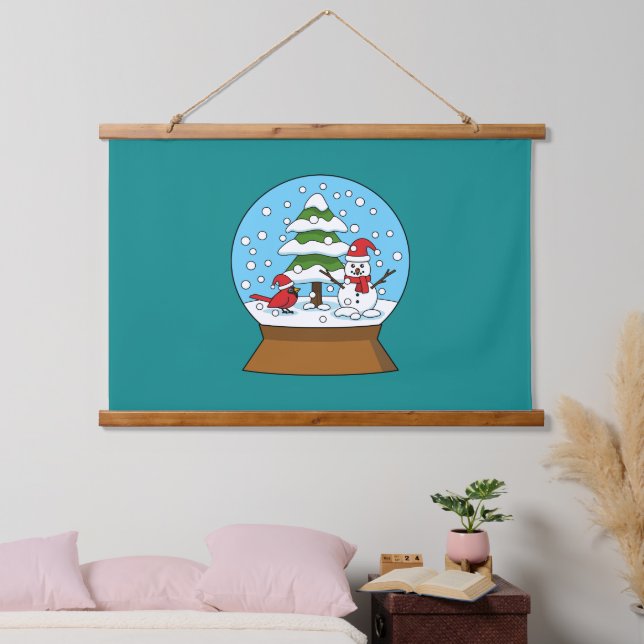 Snow Globe with Cardinal Snowman and Pine Tree Hanging Tapestry (Bedroom)