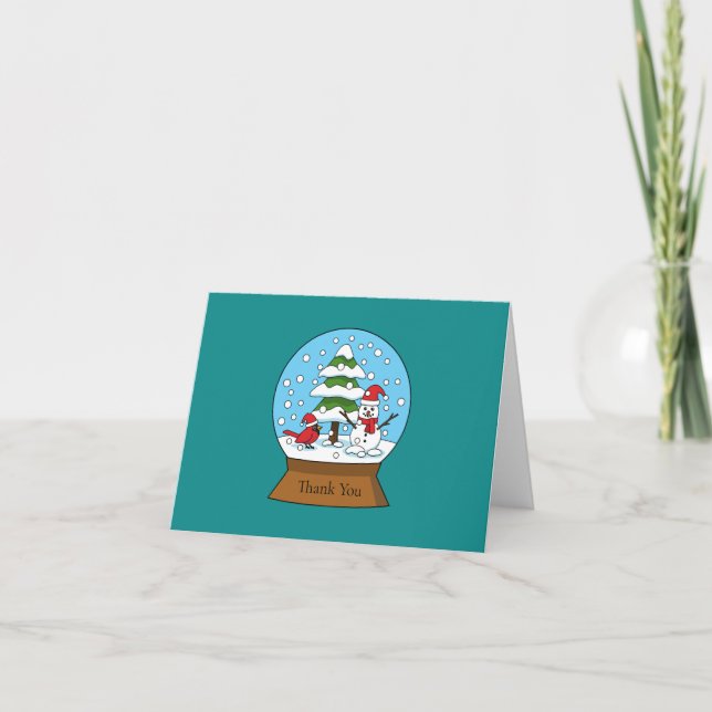 Snow Globe with Cardinal Snowman and Pine Tree Letterpress Thank You Card (Front)