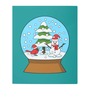 Snow Globe with Cardinal Snowman and Pine Tree Metal Print