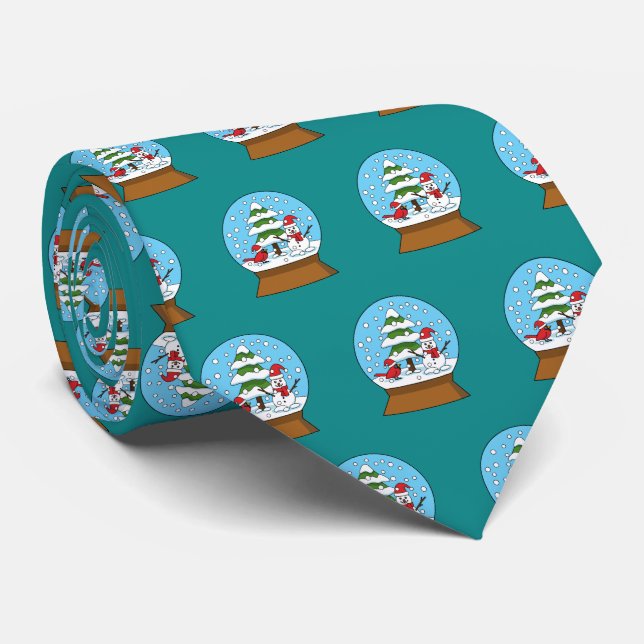Snow Globe with Cardinal Snowman and Pine Tree Neck Tie (Rolled)