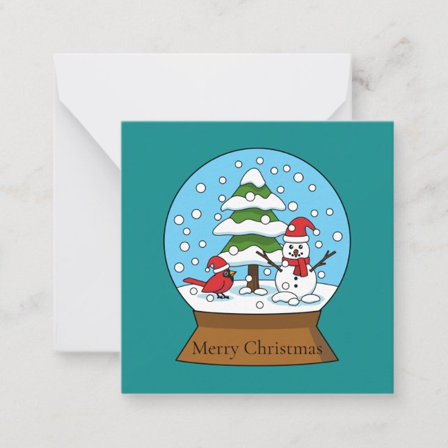 Snow Globe with Cardinal Snowman and Pine Tree Note Card (Front)