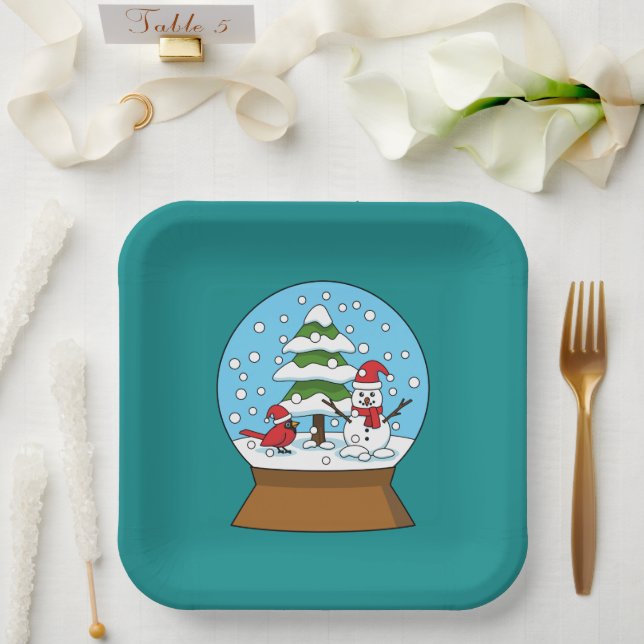 Snow Globe with Cardinal Snowman and Pine Tree Paper Plates (Wedding)