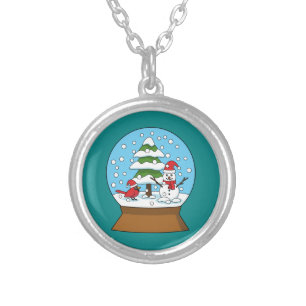 Snow Globe with Cardinal Snowman and Pine Tree Silver Plated Necklace