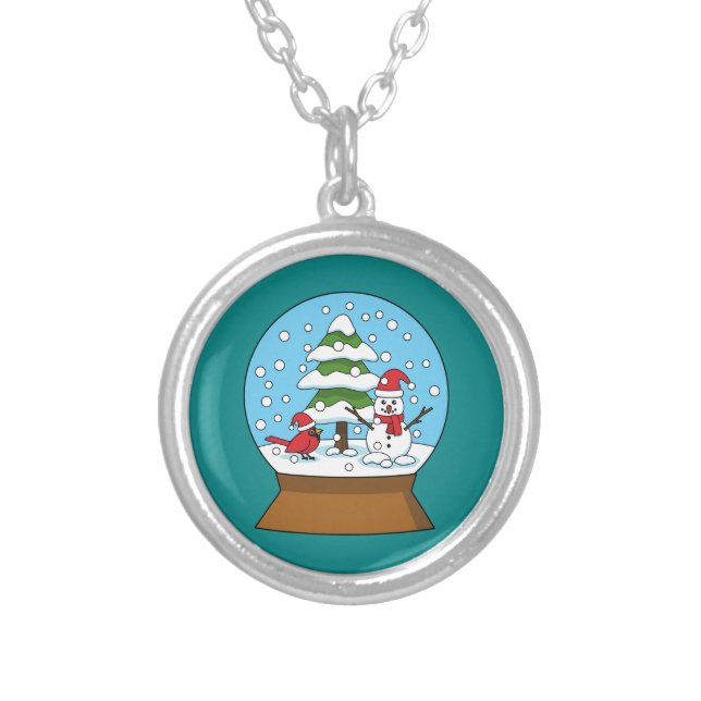 Snow Globe with Cardinal Snowman and Pine Tree Silver Plated Necklace (Front)