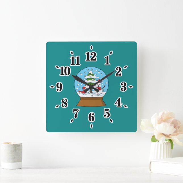 Snow Globe with Cardinal Snowman and Pine Tree Square Wall Clock (Home)