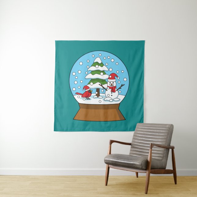 Snow Globe with Cardinal Snowman and Pine Tree Tapestry (In Situ)
