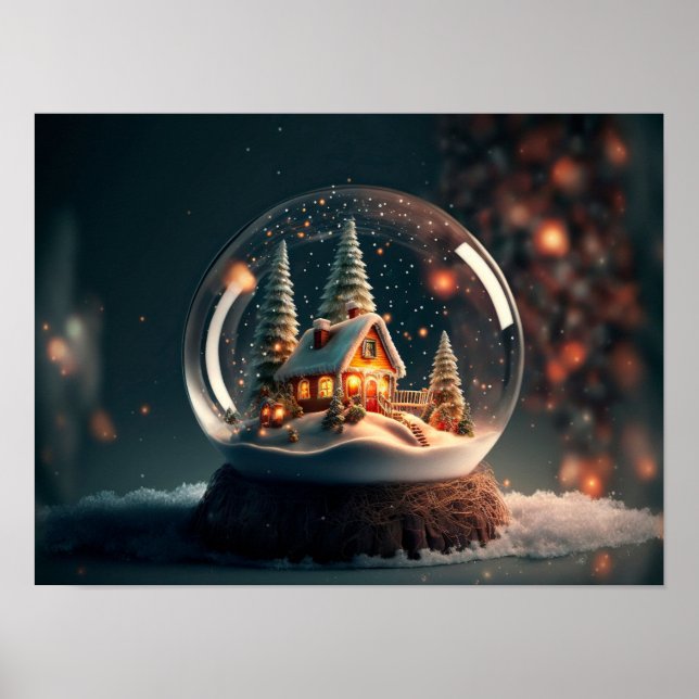 Snow globe with Christmas tree and house inside. Poster (Front)