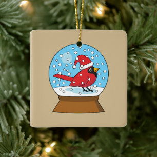 Snow Globe with Cute Red Cardinal Ceramic Ornament