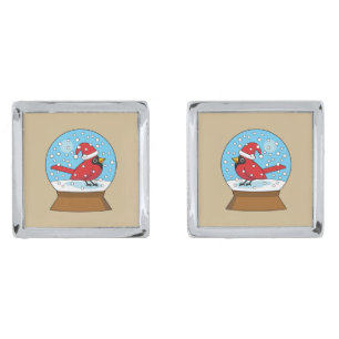 Snow Globe with Cute Red Cardinal Cufflinks