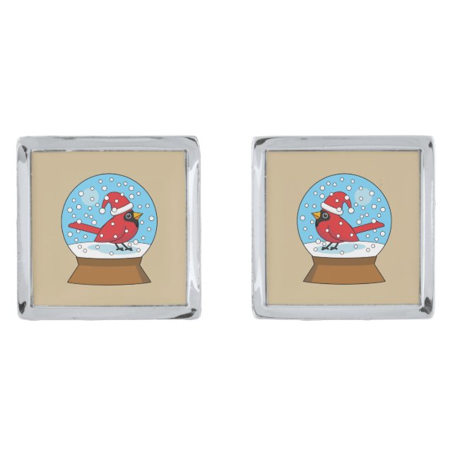 Snow Globe with Cute Red Cardinal Cufflinks (Front)