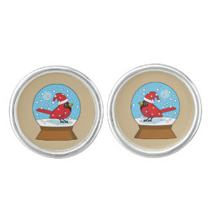 Snow Globe with Cute Red Cardinal Cufflinks