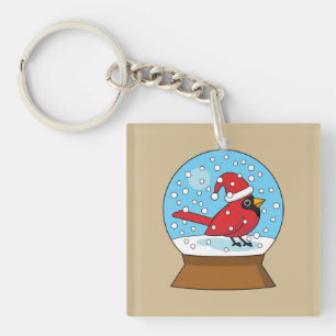 Snow Globe with Cute Red Cardinal Keychain