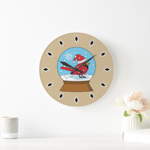 Snow Globe with Cute Red Cardinal Large Clock