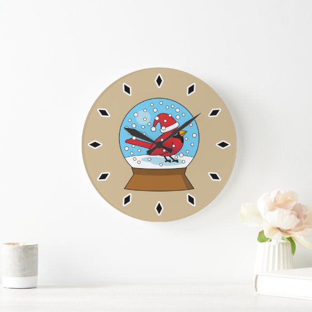 Snow Globe with Cute Red Cardinal Large Clock (Home)
