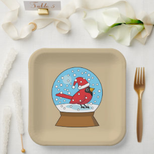 Snow Globe with Cute Red Cardinal Paper Plates