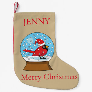 Snow Globe with Cute Red Cardinal   Personalize Small Christmas Stocking