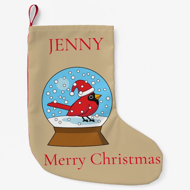 Snow Globe with Cute Red Cardinal | Personalize Small Christmas Stocking (Front)