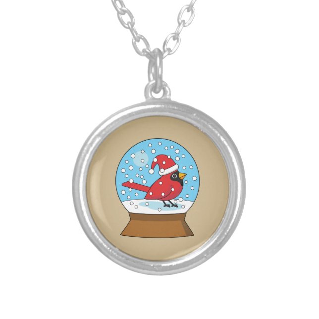 Snow Globe with Cute Red Cardinal Silver Plated Necklace (Front)