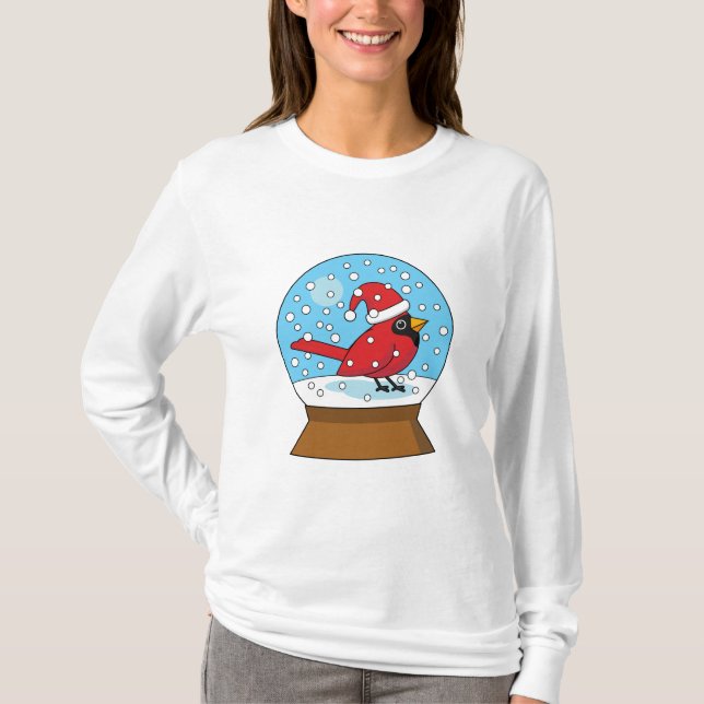 Snow Globe with Cute Red Cardinal T-Shirt (Front)