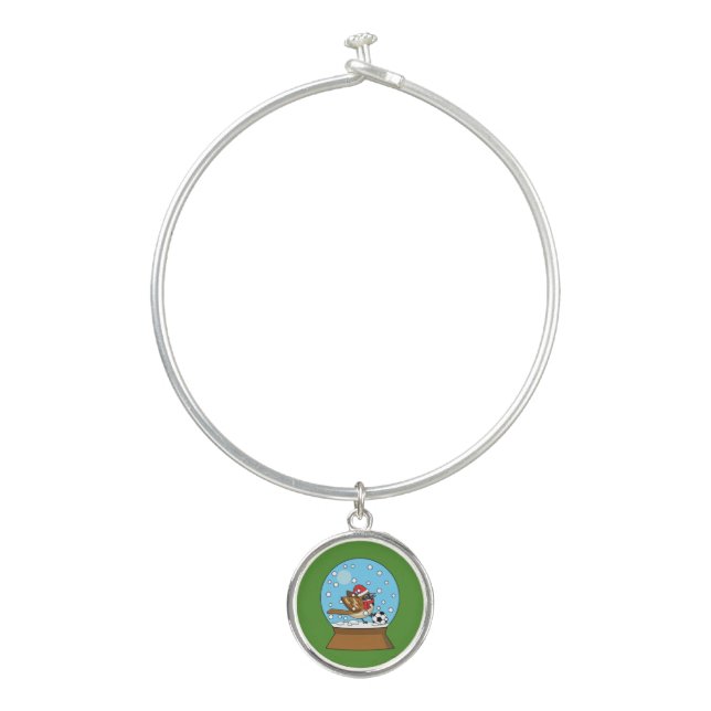 Snow Globe with Cute Sparrow Playing Soccer Bangle Bracelet (Front)