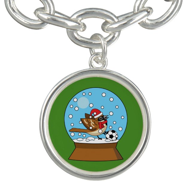 Snow Globe with Cute Sparrow Playing Soccer Bracelet (Design)