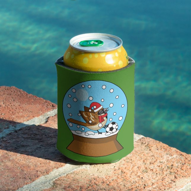 Snow Globe with Cute Sparrow Playing Soccer Can Cooler (In Situ Pool)