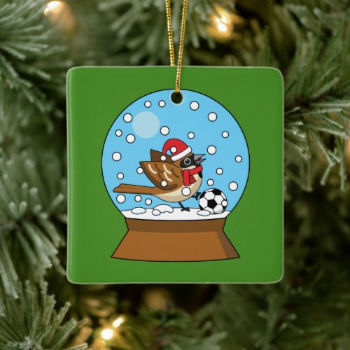 Snow Globe with Cute Sparrow Playing Soccer Ceramic Ornament
