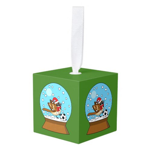 Snow Globe with Cute Sparrow Playing Soccer Cube Ornament