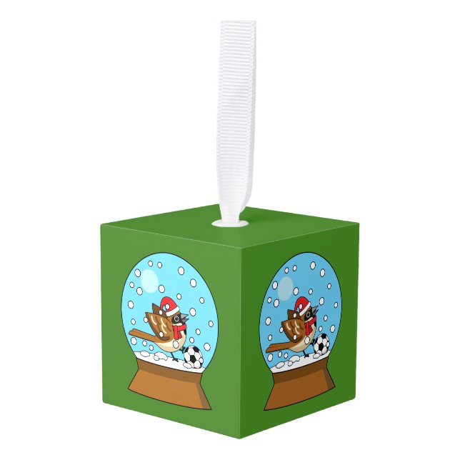 Snow Globe with Cute Sparrow Playing Soccer Cube Ornament (Front Angled)