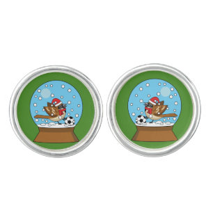 Snow Globe with Cute Sparrow Playing Soccer Cufflinks