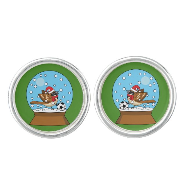 Snow Globe with Cute Sparrow Playing Soccer Cufflinks (Front)