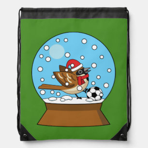 Snow Globe with Cute Sparrow Playing Soccer Drawstring Bag