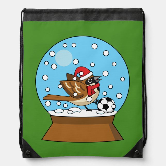 Snow Globe with Cute Sparrow Playing Soccer Drawstring Bag (Front)