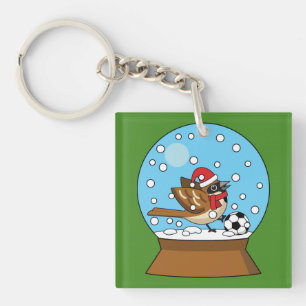 Snow Globe with Cute Sparrow Playing Soccer Keychain