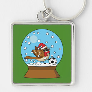 Snow Globe with Cute Sparrow Playing Soccer Keychain