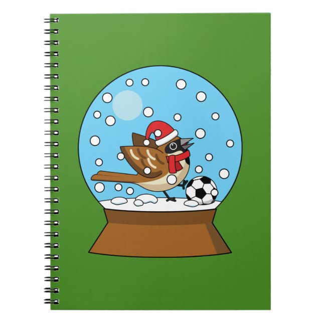 Snow Globe with Cute Sparrow Playing Soccer Notebook (Front)
