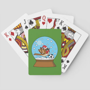 Snow Globe with Cute Sparrow Playing Soccer Poker Cards