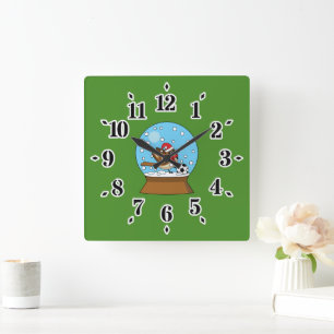 Snow Globe with Cute Sparrow Playing Soccer Square Wall Clock