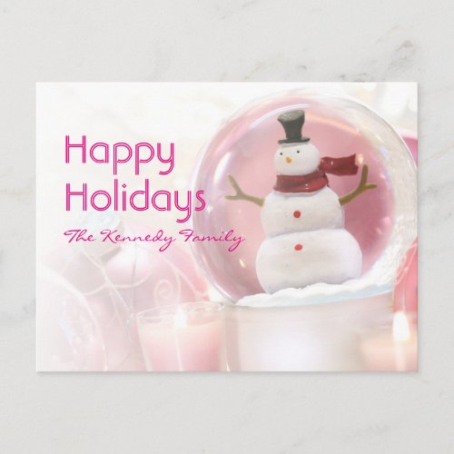 Snow globe with pink balls holiday postcard