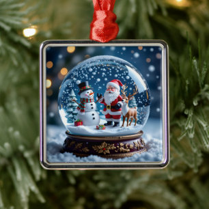Snow globe with Santa, a Reindeer and Snowman Metal Ornament