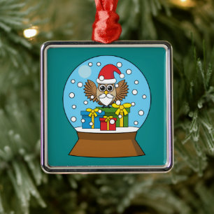 Snow Globe with Santa Claus Owl Metal Ornament