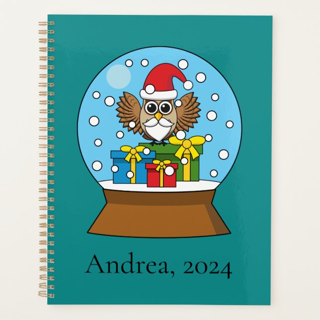 Snow Globe with Santa Claus Owl | Personalize Planner (Front)