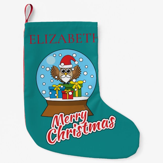 Snow Globe with Santa Claus Owl | Personalize Small Christmas Stocking (Front)