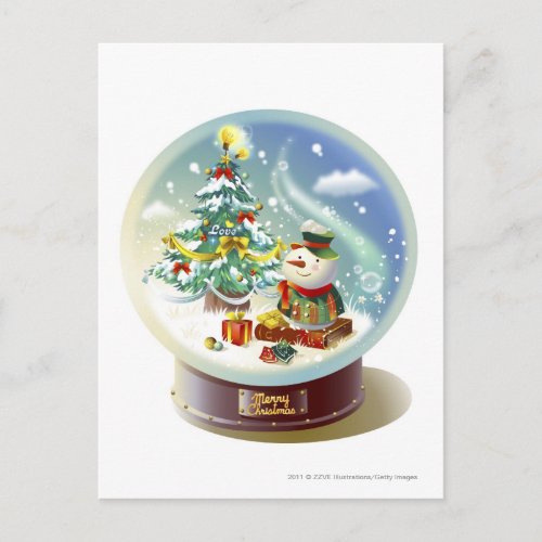 Snow globe with snowman and Christmas tree Holiday Postcard