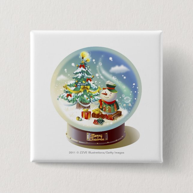 Snow globe with snowman and Christmas tree Pinback Button (Front)