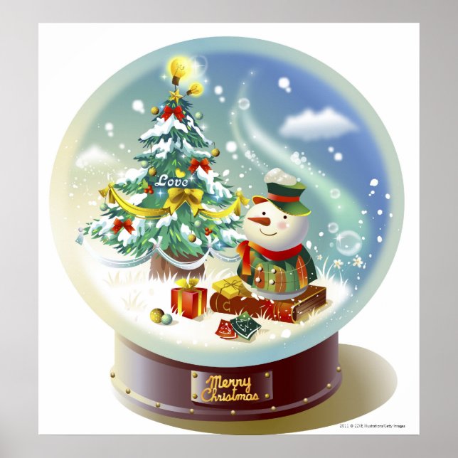 Snow globe with snowman and Christmas tree Poster (Front)